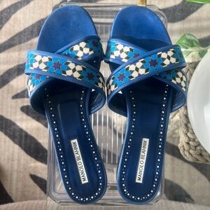 Manolo Blahnik Ifneta Blue Linen Slide / Sandal / Flat